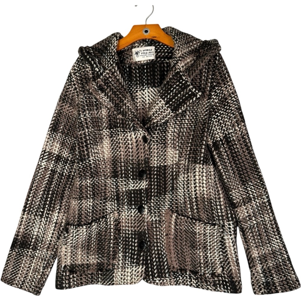 World Folk Art 100% Wool Jacket, Hooded Brown Knit Boho Earthy L